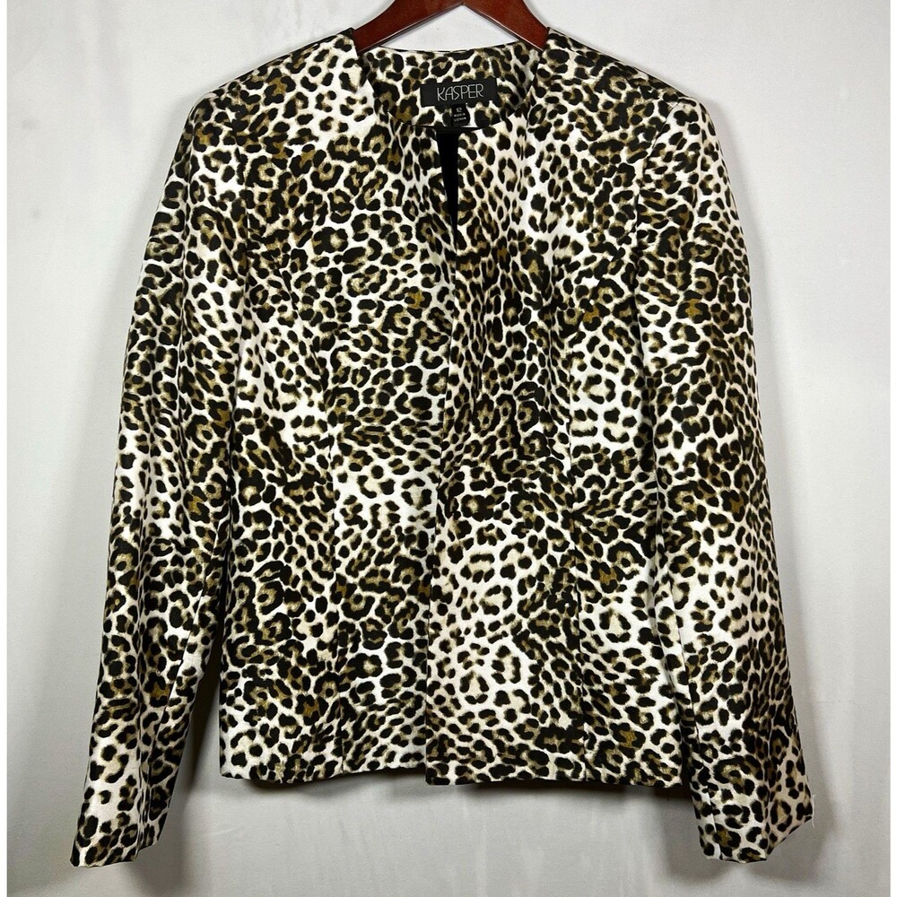 Kasper Women’s Jacket Leopard Print Open Front Long Sleeve Mob Wife Size 12